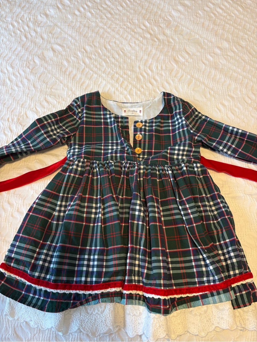 Classic Green Plaid Girls' Dress with Red Ribbon -